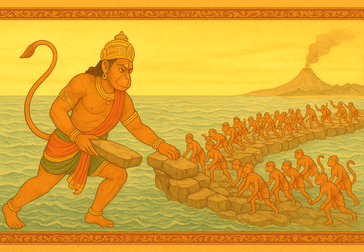 Hanuman and the Vanara army building the Ram Setu bridge to Lanka from Rameswaram.