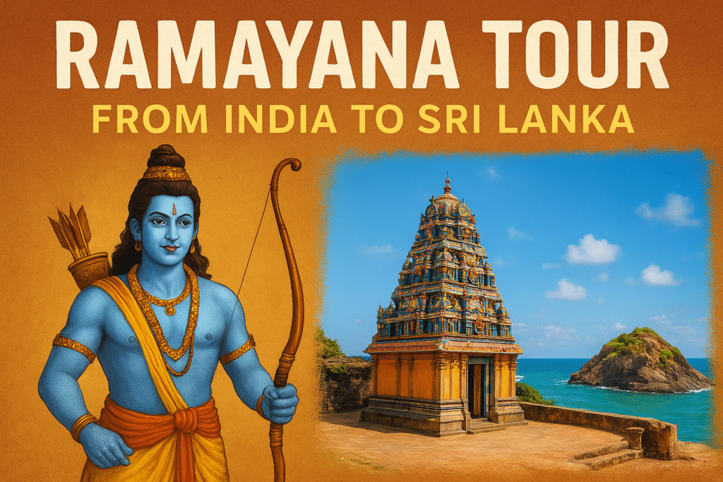 Illustration of Lord Rama beside a colorful Hindu temple by the ocean promoting the Ramayana Tour from India to Sri Lanka.
