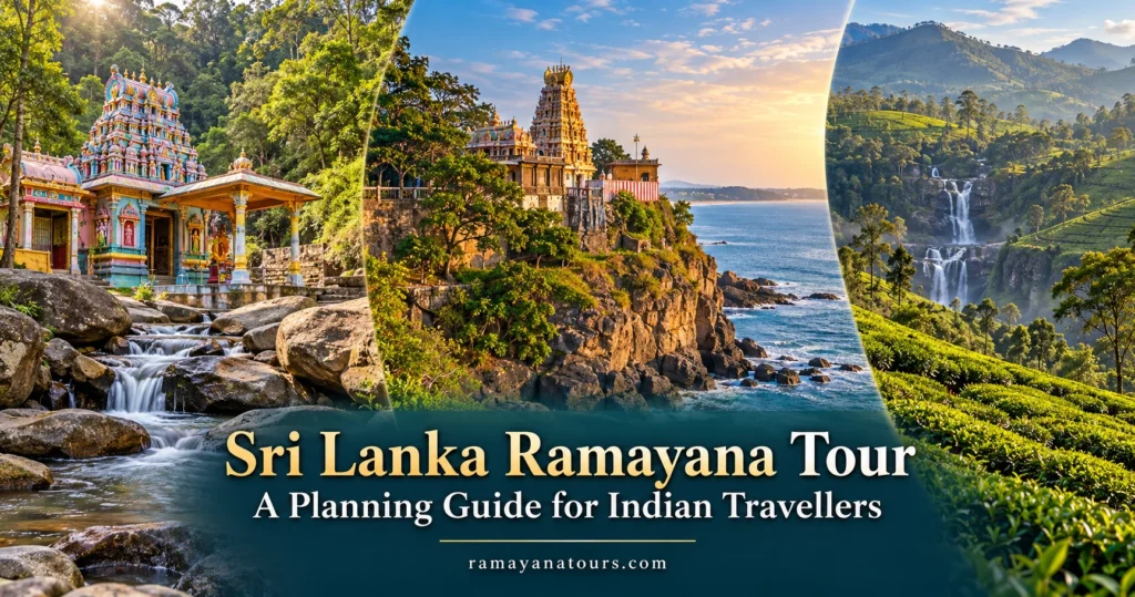 Illustrated banner for a Sri Lanka Ramayana tour planning guide for Indian travellers.